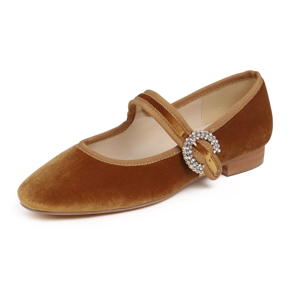 Feversole Women's 9 Rhinestone Velvet Mary Jane Square Toe Easy Buckle Flats